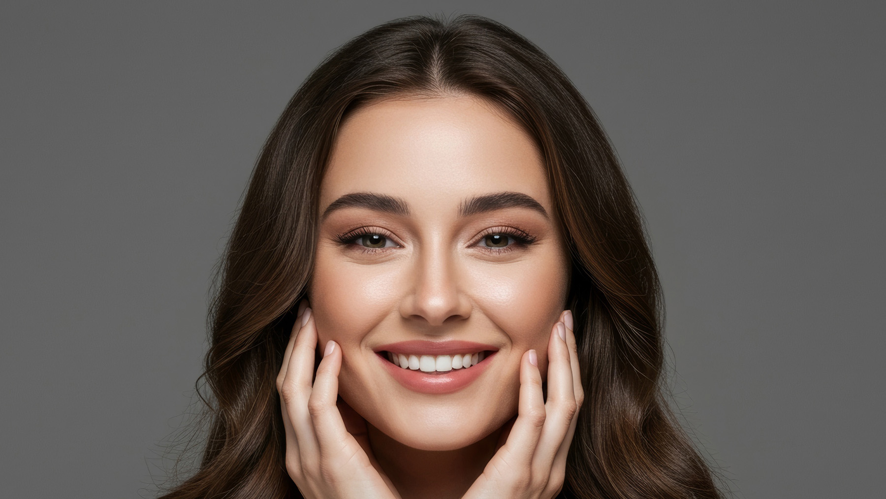 The image shows a young woman with a neutral expression looking directly at the camera. She has fair skin, dark hair, and appears to be wearing makeup. Her attire is not fully visible, but she seems to be dressed in a simple outfit that includes a sleeveless top. The background is plain and does not distract from her.